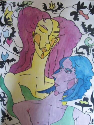 Peinture intitulée "Couple D'Amoureux" par Vincent Cheikh, Œuvre d'art originale, Gouache