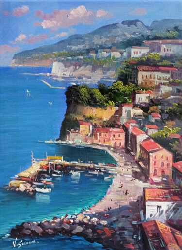 Painting titled "Sorrento seaside -…" by Vincenzo Somma, Original Artwork, Oil Mounted on Wood Stretcher frame