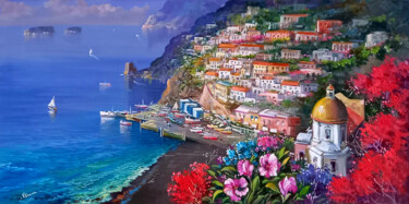 「Positano flowery co…」というタイトルの絵画 Vincenzo Sommaによって, オリジナルのアートワーク, オイル ウッドストレッチャーフレームにマウント