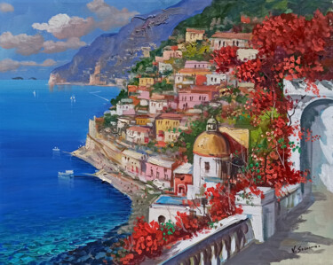 Malarstwo zatytułowany „Terrace on the clif…” autorstwa Vincenzo Somma, Oryginalna praca, Olej Zamontowany na Drewniana rama…