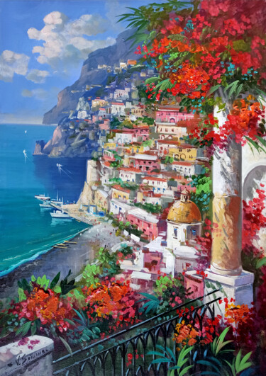 Pittura intitolato "Positano flowery pa…" da Vincenzo Somma, Opera d'arte originale, Olio Montato su Telaio per barella in l…