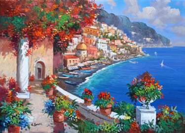 Painting titled "Seaside with flower…" by Vincenzo Somma, Original Artwork, Oil Mounted on Wood Stretcher frame