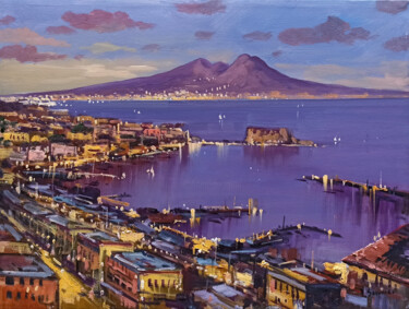 Painting titled "Lights of Posillipo…" by Vincenzo Somma, Original Artwork, Oil Mounted on Wood Stretcher frame