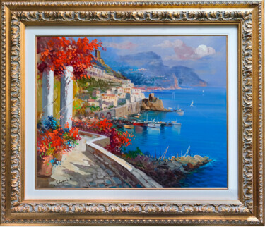 Painting titled "AMALFI FLOWERY ROAD…" by Vincenzo Somma, Original Artwork, Oil Mounted on Wood Stretcher frame