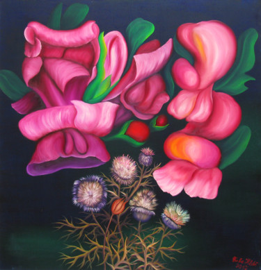 Картина под названием "Pink Flowers" - Vinko Hlebs, Подлинное произведение искусства, Масло