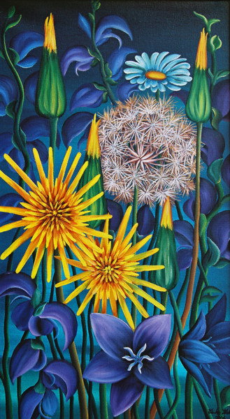 Peinture intitulée "Dandelion and flowe…" par Vinko Hlebs, Œuvre d'art originale, Huile