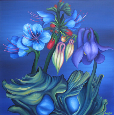 Painting titled "Flowers in blue" by Vinko Hlebs, Original Artwork, Oil