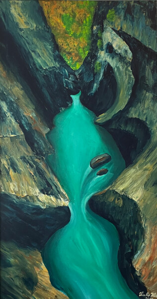 Painting titled "Green river" by Vinko Hlebs, Original Artwork, Oil Mounted on Wood Stretcher frame