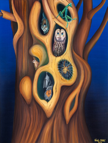 Schilderij getiteld "Tree with animals" door Vinko Hlebs, Origineel Kunstwerk, Olie