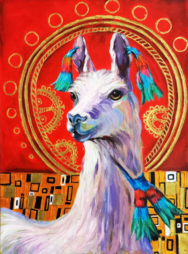 Painting titled "Llama peruana Cultu…" by Vinnori Design, Original Artwork, Oil Mounted on Wood Stretcher frame