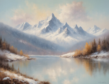 Digital Arts titled "Snowy mountain range" by Vintagevista, Original Artwork, Digital Painting