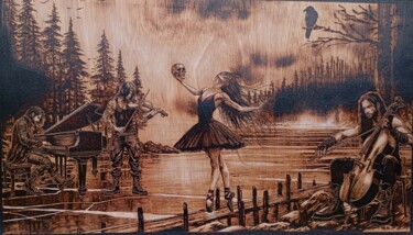 Druckgrafik mit dem Titel "La danse macabre" von Virginie Bocquet-Jonghes, Original-Kunstwerk, Gravur Auf Holzplatte montiert