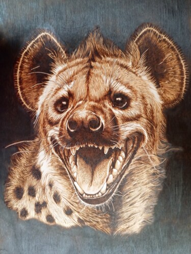 Printmaking titled "Hyena" by Virginie Bocquet-Jonghes, Original Artwork, Engraving Mounted on Wood Panel