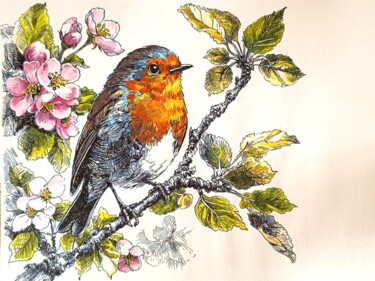 Pittura intitolato "Spring Robin" da Virginie Bocquet-Jonghes, Opera d'arte originale, Inchiostro Montato su Cartone