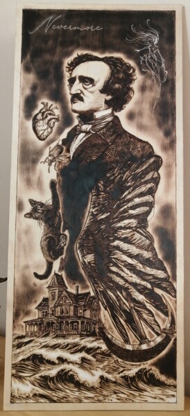 印花与版画 标题为“Edgar Allegory Poe” 由Virginie Bocquet, 原创艺术品, 雕刻 安装在木板上