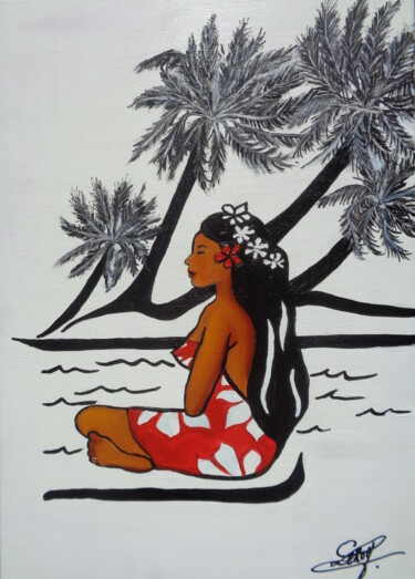 Painting titled "Tahiti" by Virginie Le Roy, Original Artwork, Oil Mounted on Wood Stretcher frame