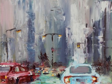 Malerei mit dem Titel "Traffic in the rain." von Vita Schagen, Original-Kunstwerk, Öl