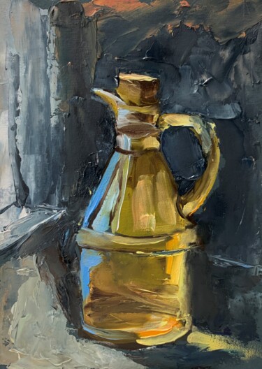 Painting titled "Yellow glass bottle" by Vita Schagen, Original Artwork, Oil
