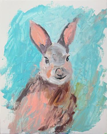 Painting titled "Pink rabbit." by Vita Schagen, Original Artwork, Oil Mounted on Cardboard