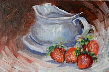 Malerei mit dem Titel "Strawberries still…" von Vita Schagen, Original-Kunstwerk, Öl Auf Holzplatte montiert