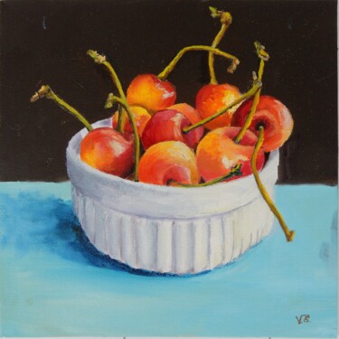 Painting titled "Cherries in a bowl." by Vita Schagen, Original Artwork, Oil Mounted on Cardboard