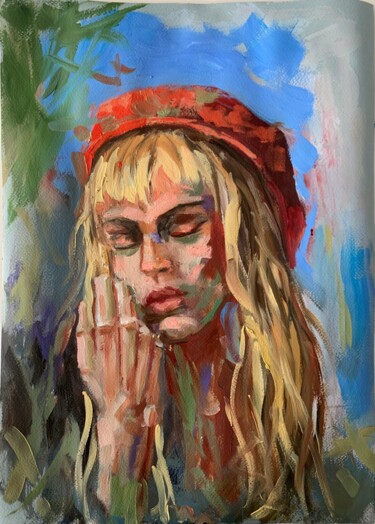 Schilderij getiteld "Woman in a red hat.…" door Vita Schagen, Origineel Kunstwerk, Olie