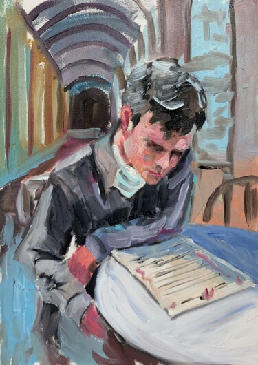 Painting titled "Man in a cafe." by Vita Schagen, Original Artwork, Oil