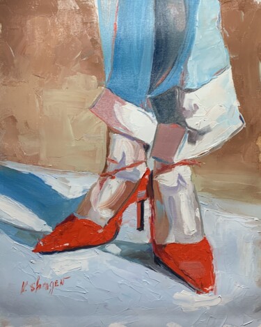 Schilderij getiteld "ON RED HEELS. WOMAN…" door Vita Schagen, Origineel Kunstwerk, Olie Gemonteerd op Frame voor houten bran…