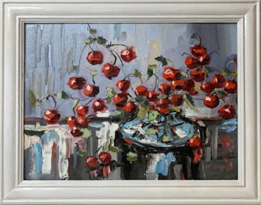 Painting titled "Cherry. still life." by Vita Schagen, Original Artwork, Oil Mounted on Wood Panel