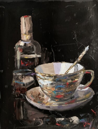Painting titled "TEA CUP AND WINE ON…" by Vita Schagen, Original Artwork, Oil Mounted on Wood Stretcher frame