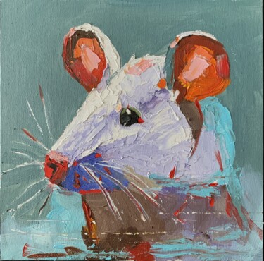 Картина под названием "White mouse." - Vita Schagen, Подлинное произведение искусства, Масло Установлен на картон