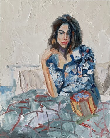 Painting titled "Woman in bed." by Vita Schagen, Original Artwork, Oil Mounted on Cardboard