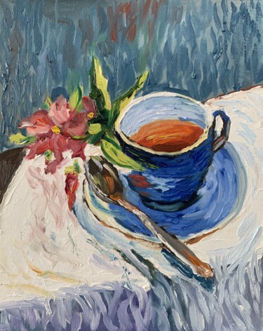 Painting titled "Tea cup with flower…" by Vita Schagen, Original Artwork, Oil Mounted on Cardboard