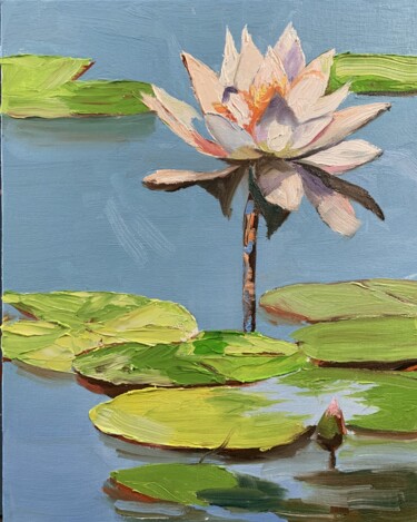 Schilderij getiteld "Lily pond landscape…" door Vita Schagen, Origineel Kunstwerk, Olie Gemonteerd op Karton