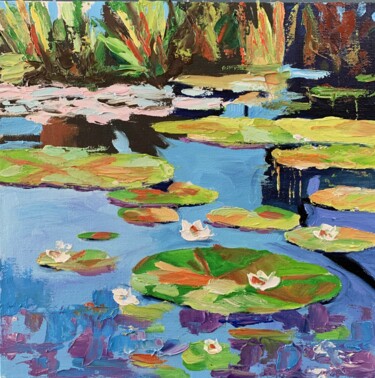 Pittura intitolato "Lily pond landscape…" da Vita Schagen, Opera d'arte originale, Olio Montato su Cartone