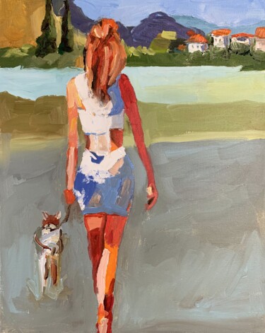 Pintura titulada "Woman with a dog." por Vita Schagen, Obra de arte original, Oleo Montado en Cartulina