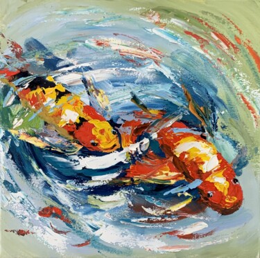 Painting titled "Koi fish in the pon…" by Vita Schagen, Original Artwork, Oil Mounted on Cardboard