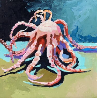 Malerei mit dem Titel "Pink octopus." von Vita Schagen, Original-Kunstwerk, Öl Auf Karton montiert