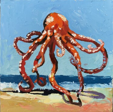 Painting titled "Red octopus." by Vita Schagen, Original Artwork, Oil Mounted on Cardboard