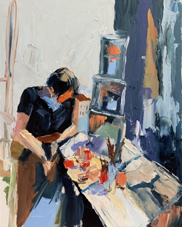 Malerei mit dem Titel "Working from home." von Vita Schagen, Original-Kunstwerk, Öl Auf Karton montiert