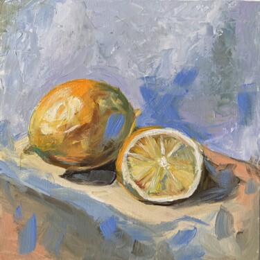 Painting titled "Lemons. Still life.…" by Vita Schagen, Original Artwork, Oil Mounted on Cardboard
