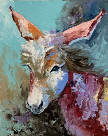 Painting titled "Little donkey.#10" by Vita Schagen, Original Artwork, Oil Mounted on Cardboard