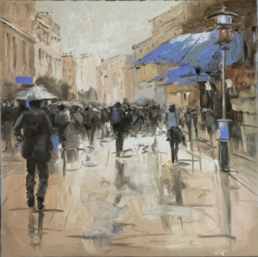 Malarstwo zatytułowany „Rainy city. People…” autorstwa Vita Schagen, Oryginalna praca, Olej Zamontowany na Drewniana rama no…
