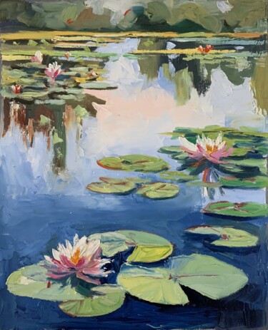 Schilderij getiteld "Pond with water lil…" door Vita Schagen, Origineel Kunstwerk, Olie Gemonteerd op Frame voor houten bran…