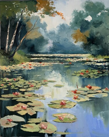 Картина под названием "Pond with water lil…" - Vita Schagen, Подлинное произведение искусства, Масло Установлен на Деревянна…
