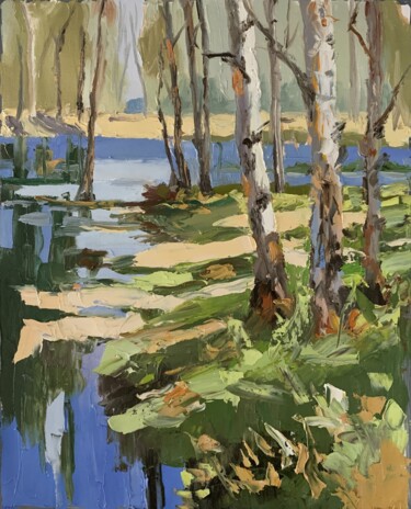 Pintura titulada "Birch forest by the…" por Vita Schagen, Obra de arte original, Oleo Montado en Bastidor de camilla de made…