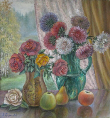 Картина под названием "Астры, фрукты и дик…" - Калиниченко Виталий, Подлинное произведение искусства, Масло