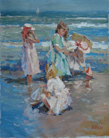 Painting titled "Children on the sho…" by Vitaliy Bondarenko, Original Artwork, Oil