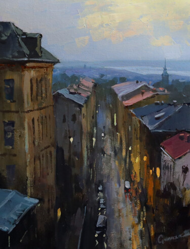 Pittura intitolato "City twilight" da Vitaly Gunaza, Opera d'arte originale, Olio Montato su Telaio per barella in legno