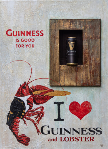 Painting titled ""Guinness and Lobst…" by Vitaly Moiseev, Original Artwork, Acrylic Mounted on Wood Stretcher frame